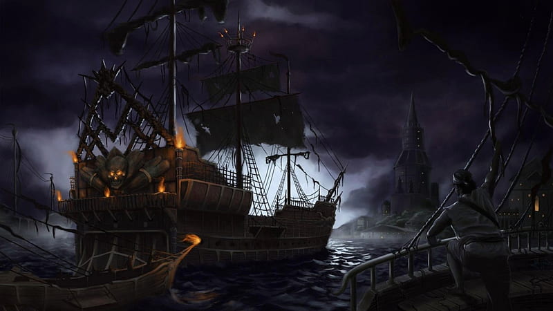 'Abandoned ship'......, pirates, battle, ship, darkness, moonlight, sea, HD wallpaper