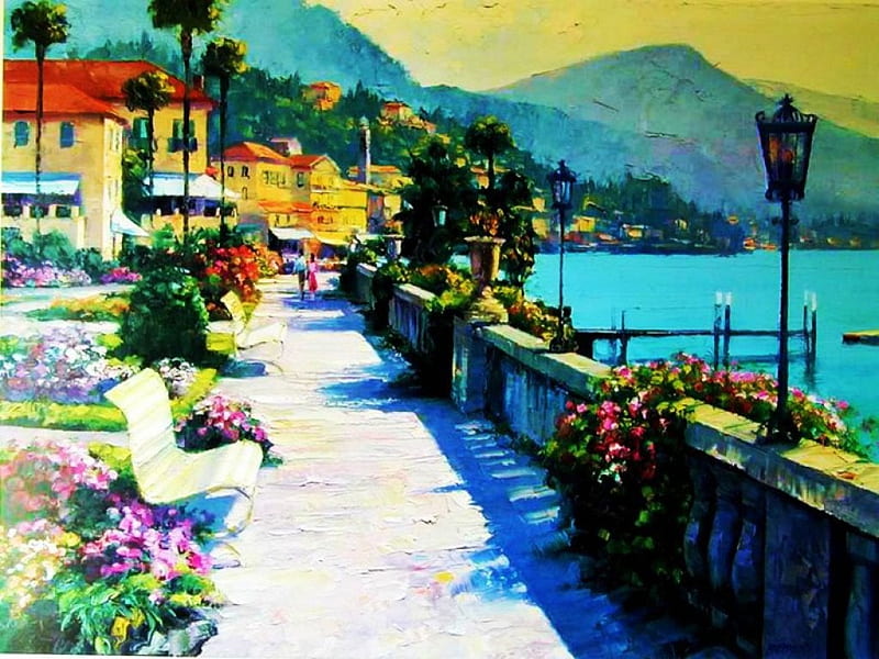 Lake Como, water, mountains, houses, artwork, palms, italy, HD wallpaper