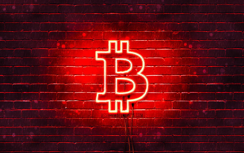 Bitcoin red logo red brickwall, Bitcoin logo, cryptocurrency, Bitcoin neon logo, Bitcoin, HD wallpaper