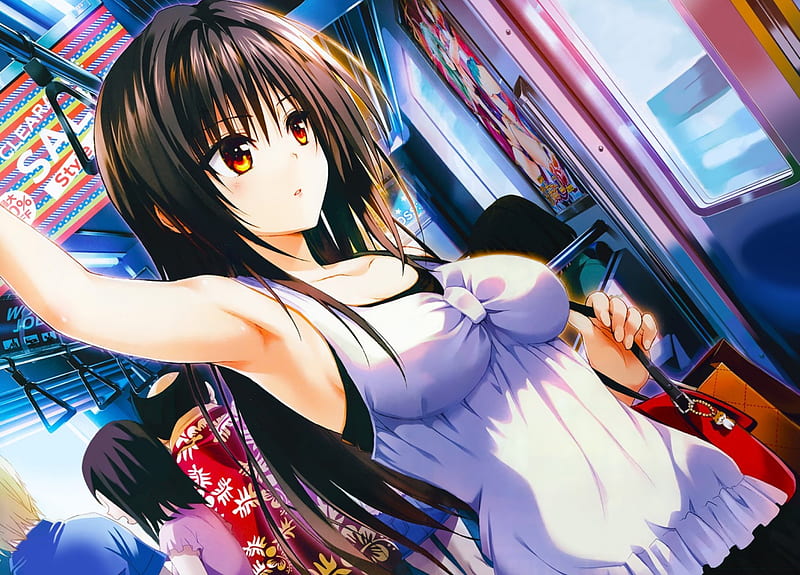 Bus Ride cg, bag, bonito, stand, anime, people, hot, beauty, anime girl, long hair, gorgeous, shirt, female, window, brown hair, blouse, sexy, bus, crowd, girl, standing, awesome, lady, maiden, HD wallpaper