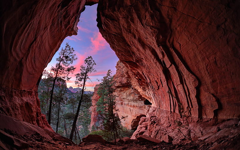 Arizona, red rocks, canyon, Red Rock State Park, evening, sunset, beautiful cave, USA, HD wallpaper