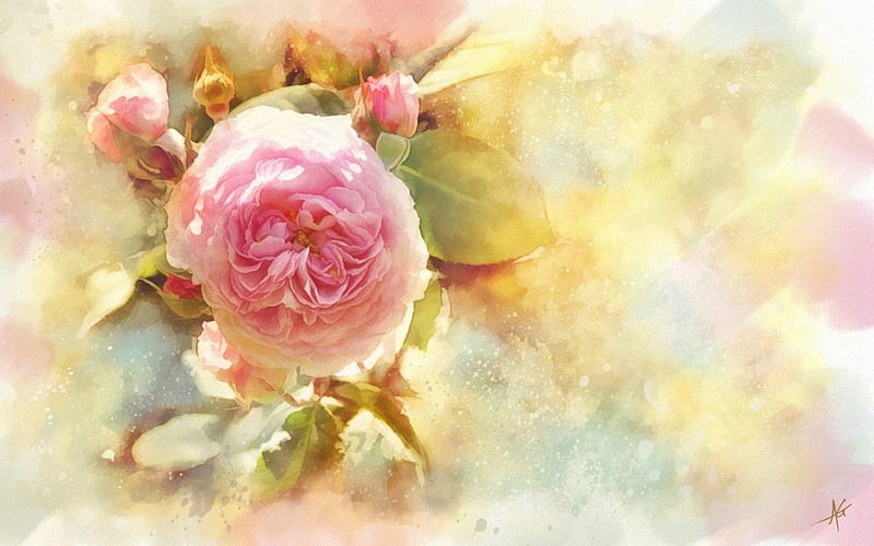 Rose, art, green, flower, yellow, pink, HD wallpaper | Peakpx