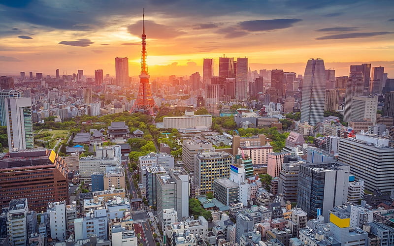 Tokyo, japan, sunset, city panorama, Tokyo Tower, evening, HD wallpaper