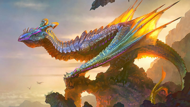 Fantasy Fiery Dragon Is Standing On Top Of Rock Dreamy, HD wallpaper