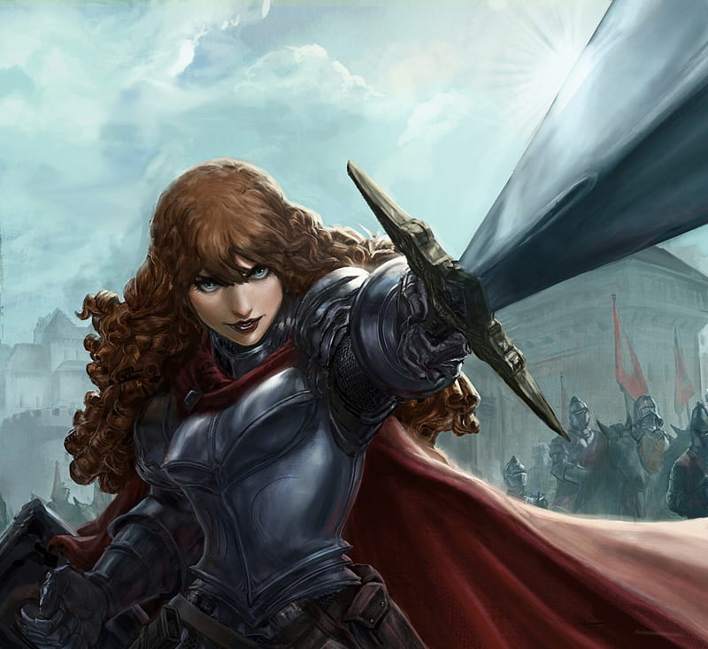 Warrior girl, armor, red, art, fantasy, girl, sword, blue, knight, HD ...
