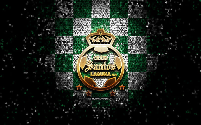 Santos Laguna FC, glitter logo, Liga MX, green white checkered background, soccer, mexican football club, Santos Laguna logo, mosaic art, football, Club Santos Laguna, HD wallpaper