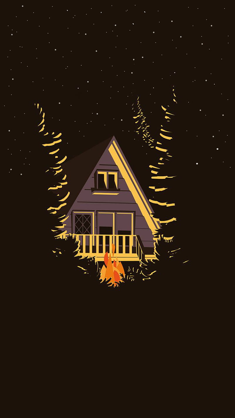 Flat Camping Forest, fire, house, night, tree, HD phone wallpaper