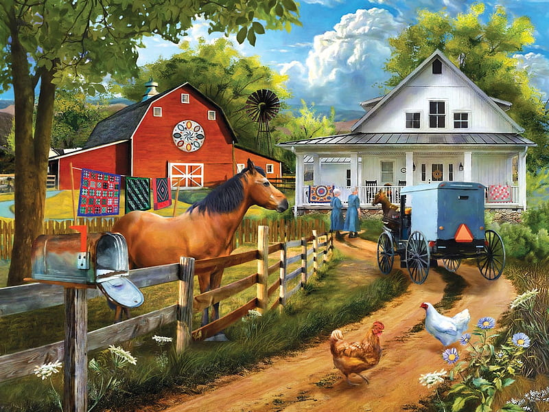 Visiting Neighbors, artwork, barn, horse, poultry, painting, house, fence, HD wallpaper