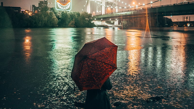 Girl With Umbrella Watching The Glowing Lights Of City, umbrella, girls, graphy, rain, HD wallpaper