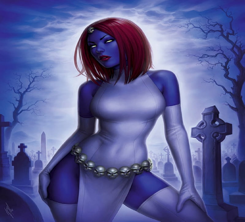 Mystique (Raven Darkholme), villian, blue skin, graveyard, red head, xmen, HD wallpaper