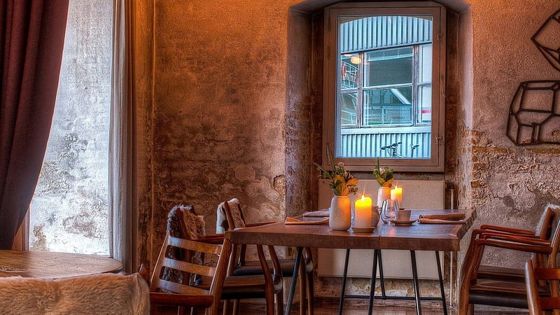 corner in a lovely cafe r, cafe, tables, window, chairs, r, candles, HD wallpaper