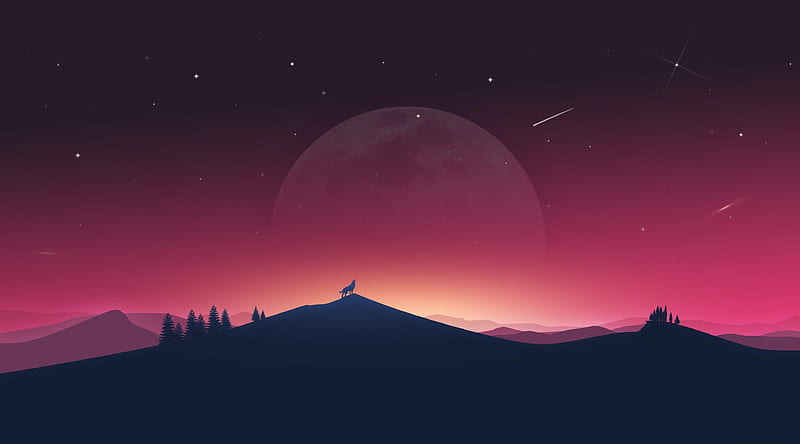 Wolf Howling at the Moon Ultra, Aero, Vector Art, Landscape, Night, Fantasy, Silhouette, Wolf, Animal, redsky, fullmoon, HD wallpaper