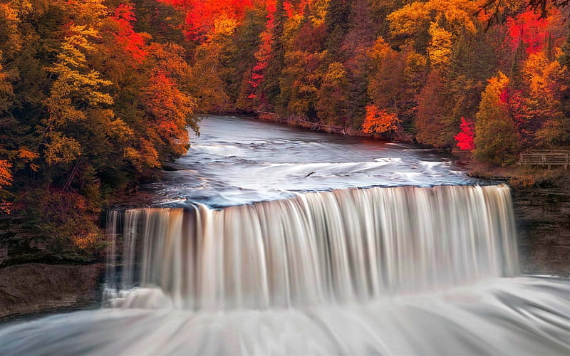 beautiful waterfall, river, autumn, autumn forest, Michigan, USA, HD wallpaper