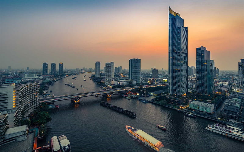 Bangkok, evening, sunset, skyscrapers, river, metropolis, Thailand, modern architecture, HD wallpaper