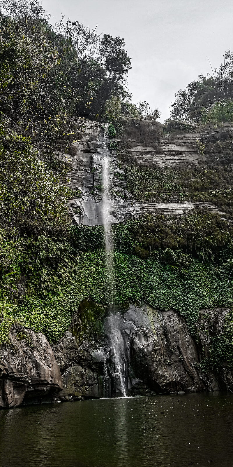 Grey waterfall , fall, green, gris, nature, simple, simplicity, simplistic, solitude, water, waterfall, HD phone wallpaper