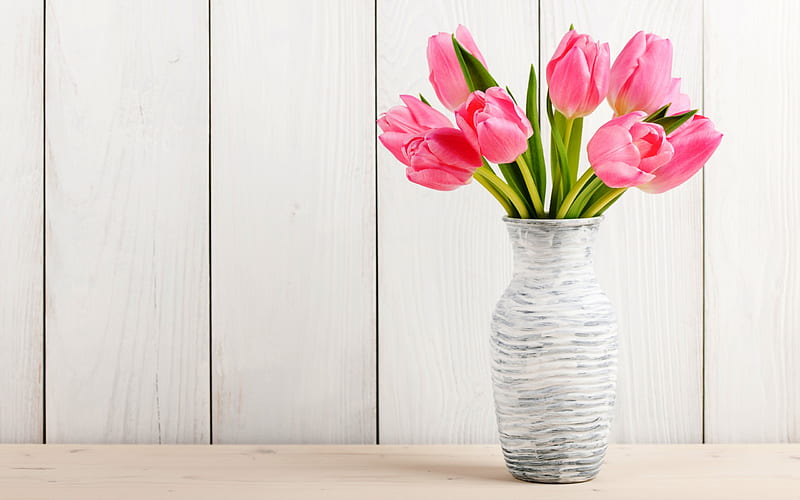 pink tulips, vase, spring flowers, bouquet, tulips, HD wallpaper
