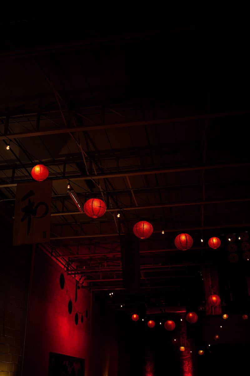 chinese lanterns, lights, darkness, dark, HD phone wallpaper