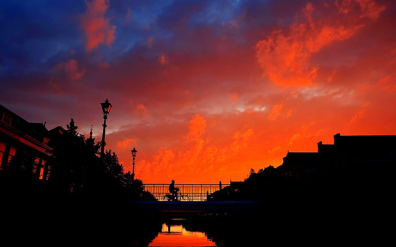 Beautiful Morning, bridge, orange, bicycle iour, heaven, nature, clouds, sky, HD wallpaper