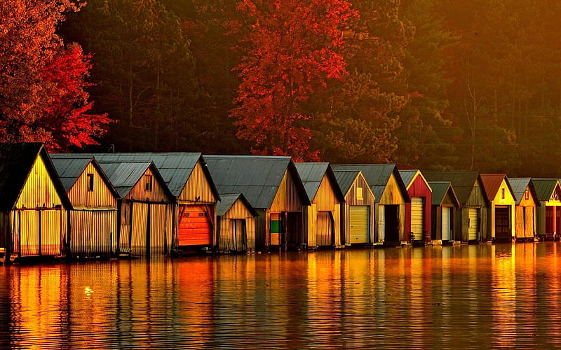 Floating Houses on River at Dawn, dawn, houses, nature, river, floating, reflection, HD wallpaper