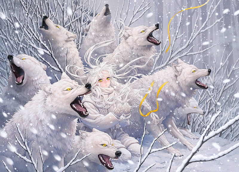 Winter wolves, snow, lup, wolf, white, iarna, winter, frumusete, manga, minami, girl, anime, HD wallpaper