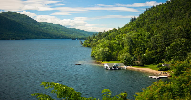 Lake George in Adirondack State Park, New York, forest, newyork, park, state, trees, adirondack, sky, clouds, lake, mountain, water, nature, HD wallpaper