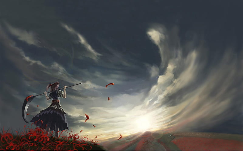 Endless Sky, skies, red flowers, girl, scythe, HD wallpaper