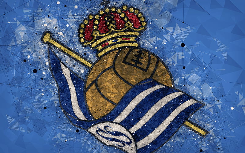 Real Sociedad FC creative logo, Spanish football club, San Sebastian, Spain, geometric art, blue abstract background, LaLiga, football, emblem, HD wallpaper