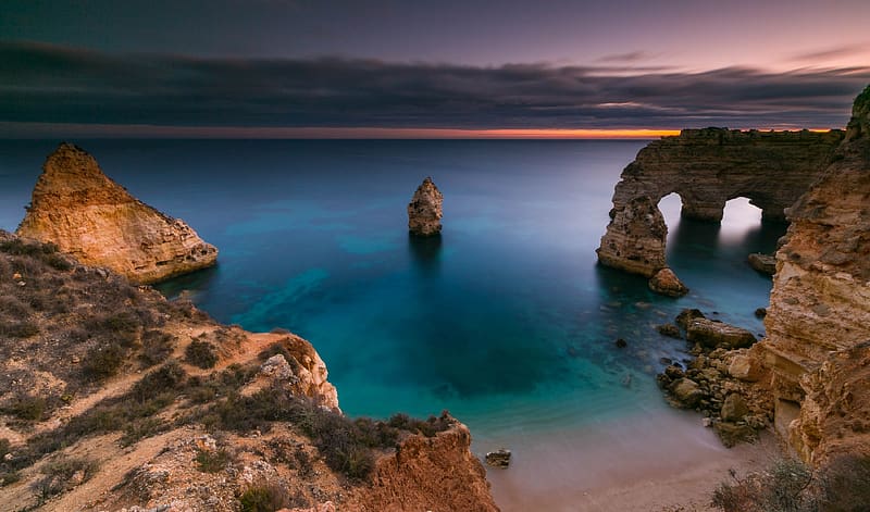 Landscape, Nature, Sunset, Coast, Ocean, , Arch, Portugal, Algarve, HD wallpaper