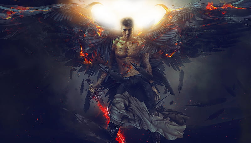 Luzbel, fire, wings, luminos, dark, carlos quevedo, angel, black, man, fantasy, HD wallpaper
