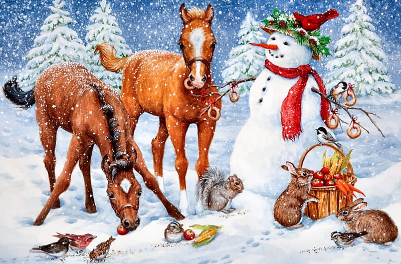 Winter Treats F2, art, squirrels, songbirds, equine, birds, horse, snowman, artwork, animal, winter, snow, avian, painting, wide screen, wildlife, rabbits, HD wallpaper