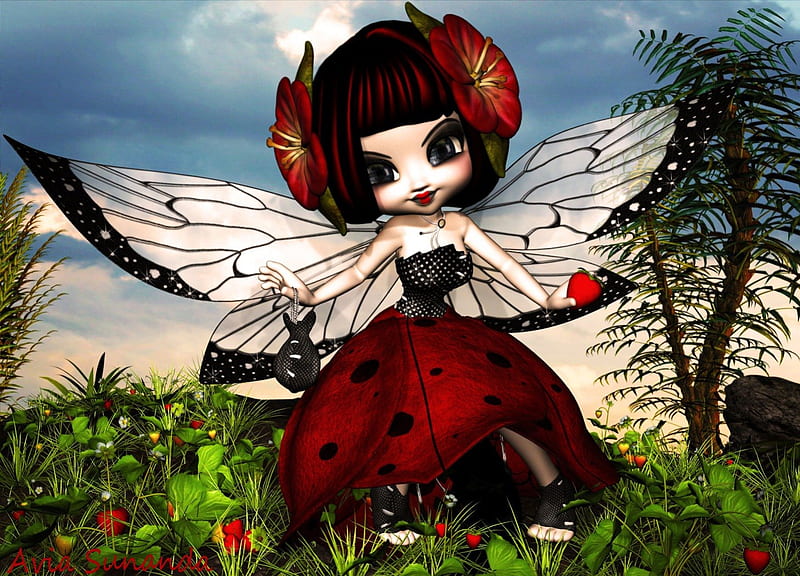 **Cute Strawberry Bug**, pretty, fruits, clouds, sweet, fantasy, butterfly, grasses, love, bright, flowers, beauty, face, fairy, wings, lovely, sky, lips, trees, cute, bug, characters, eyes, red, colorful, dress, mushroom, bonito, digital art, hair, leaves, green, strawberries, fairies, female, colors, fun, plants, 3D art, HD wallpaper