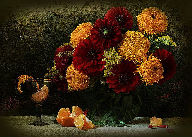 still life, pretty, orange, chrysanthemum, vase, bonito, old, fruit, graphy, nice, flowers, beauty, harmony lovely, colors, cool, bouquet, cup, flower, chrysanthemums, petals, HD wallpaper