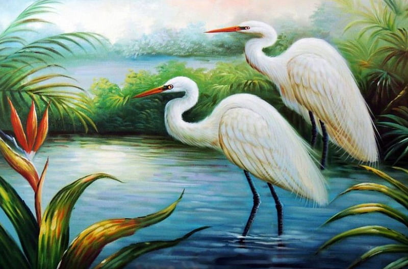 White Heron Egret Bird Of Paradise.jpg, pond, painting, flower, birds, artwork, HD wallpaper