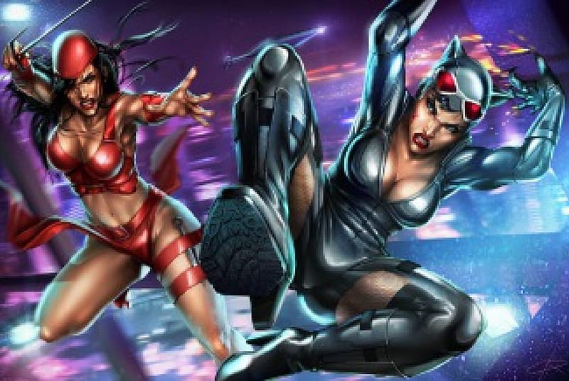 Elektra VS Catwoman, marvel, Catwoman, dc, comics, Elektra, HD wallpaper