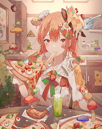 An anime girl eating a slice of pizza, savoring the | Stable Diffusion