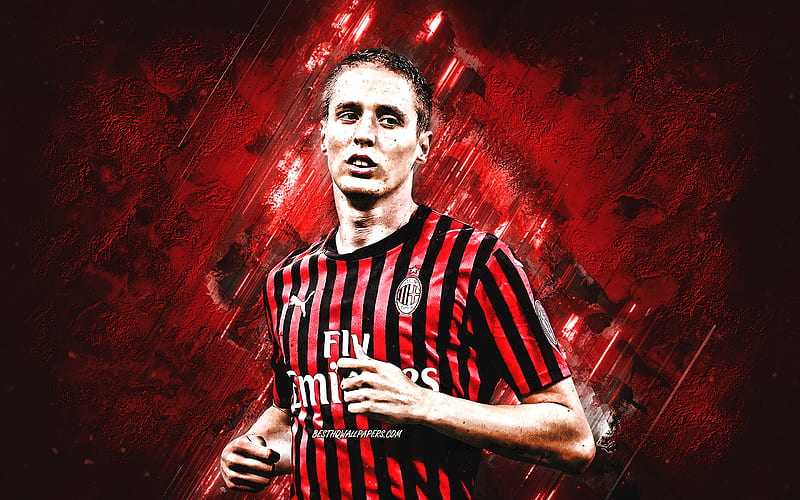 Andrea Conti, AC Milan, portrait, italian football player, red stone background, Serie A, football, HD wallpaper