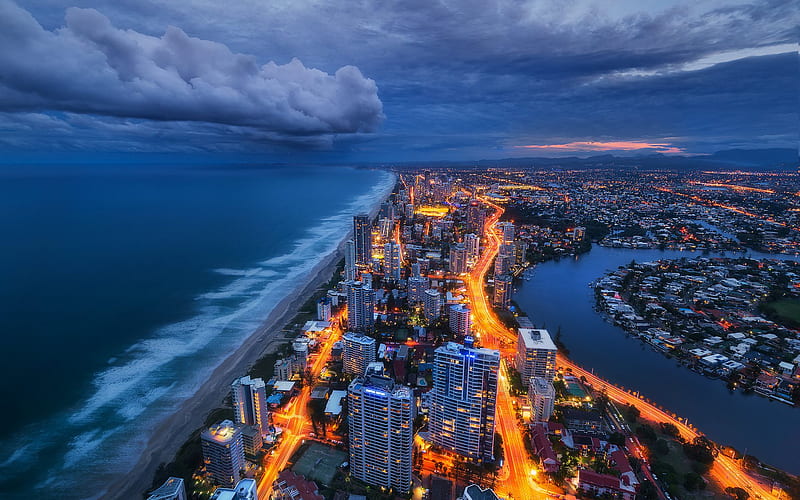 Gold Coast, Coral Sea, coast, evening, storm clouds, seascape, modern city, city lights, Queensland, Australia, HD wallpaper