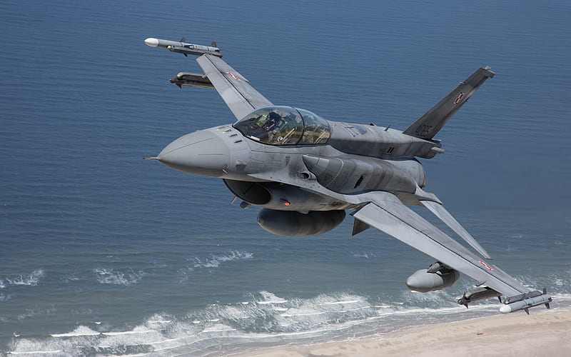 General Dynamics F-16, Fighting Falcon, F-16D, American fighter, plane in the sky, patrolling, Lockheed Martin, HD wallpaper
