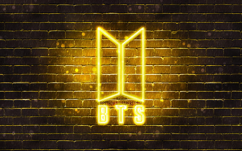 BTS yellow logo Bangtan Boys, yellow brickwall, BTS logo, korean band, BTS neon logo, BTS, HD wallpaper