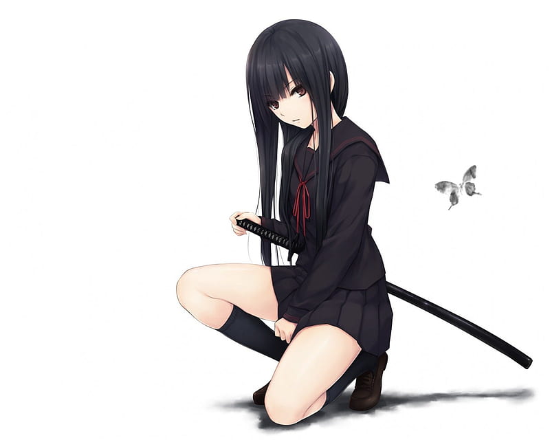 Black-haired female anime character sitting beside sword