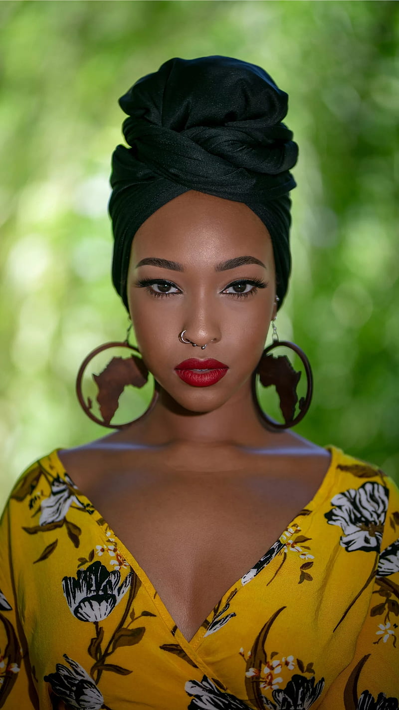 African beauty, africa, bonito, brown girl, earings, fashion, gorgeous, red lips, yellow, HD phone wallpaper