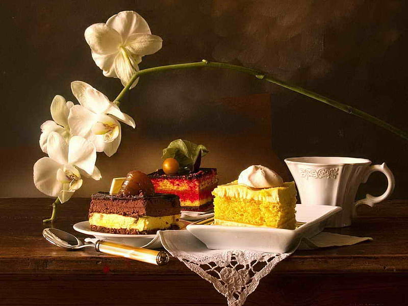 Coffee time, cake, table, cafe, delicious, time, tea, dessert, orchids, tort, yummy, coffee, cup, HD wallpaper