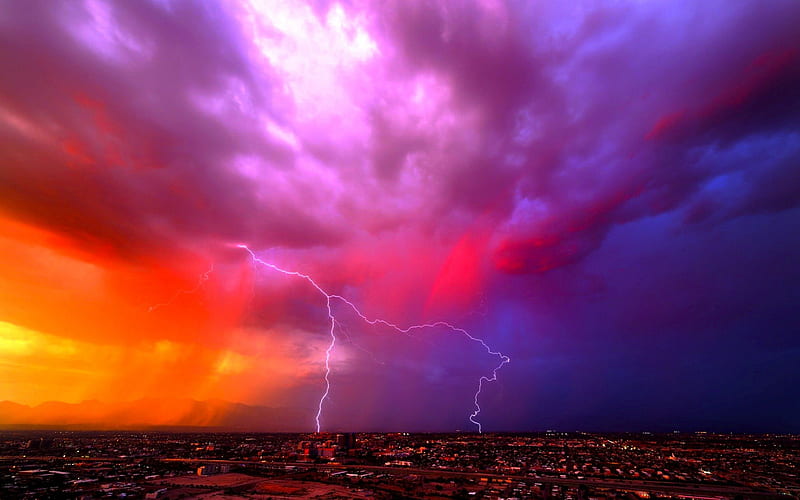 STORMY NIGHT, city, lightning, storm, clouds, HD wallpaper