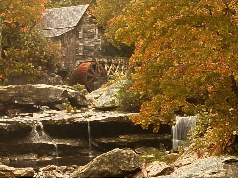 Mill In the Woods, autumn, stones, mill, wheel, trees, waterfalls, HD wallpaper
