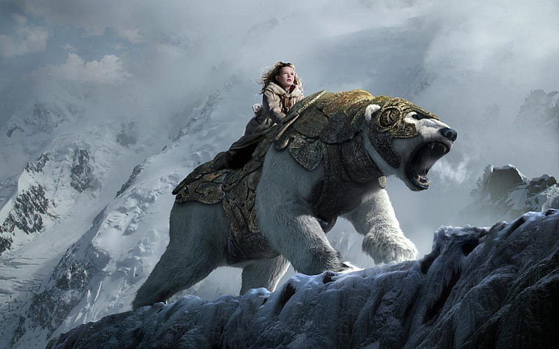 the golded compass, girl, snow, mountains, ride, bear, HD wallpaper