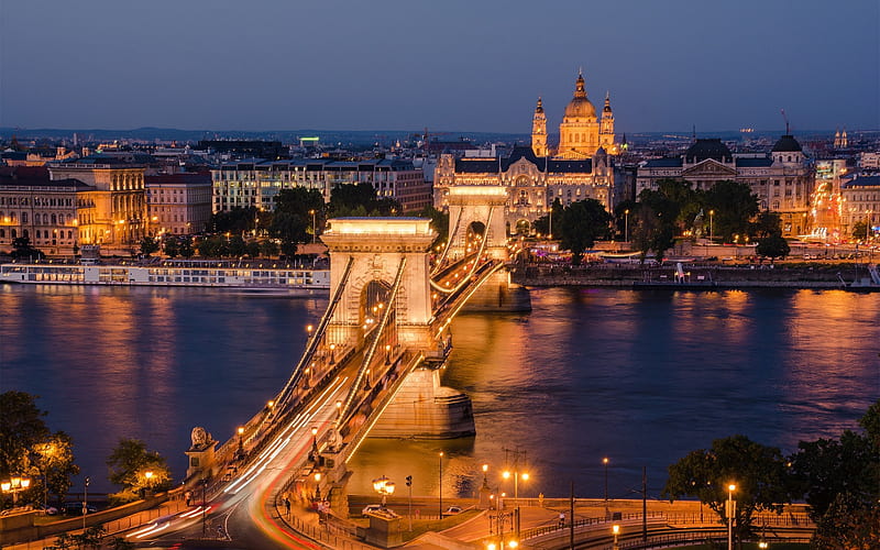Chain Bridge, Budapest, evening, sunset, city lights, Danube River, Hungary, HD wallpaper