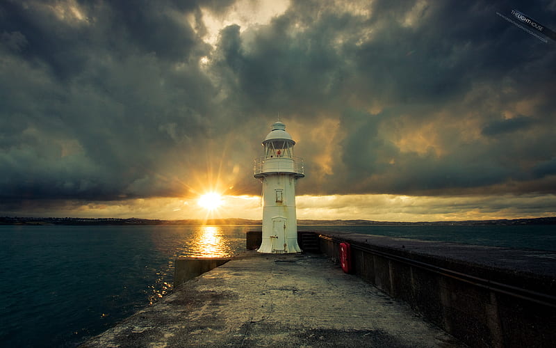 The Lighthouse, breakwater, strom, devon, summer, torbay, sunset, brixham, lighthouse, HD wallpaper