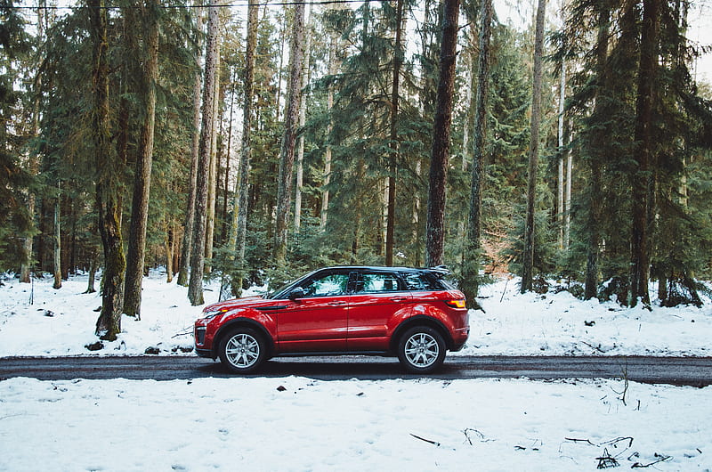 car, side view, red, road, forest, snowy, HD wallpaper