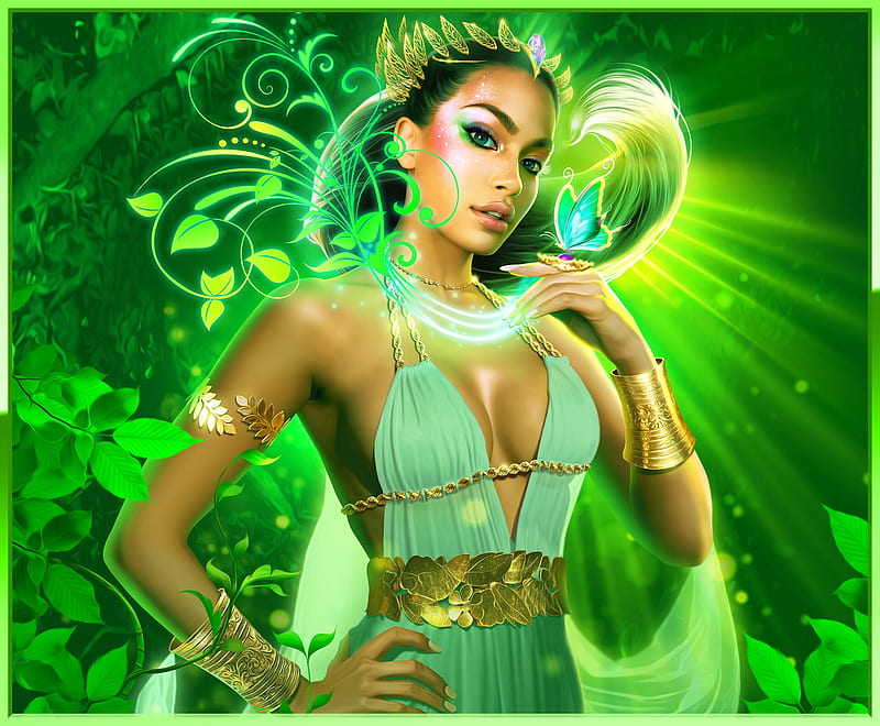 Earth Goddess, goddess, fantasy, luminos, green, desi9n art, earth, HD wallpaper