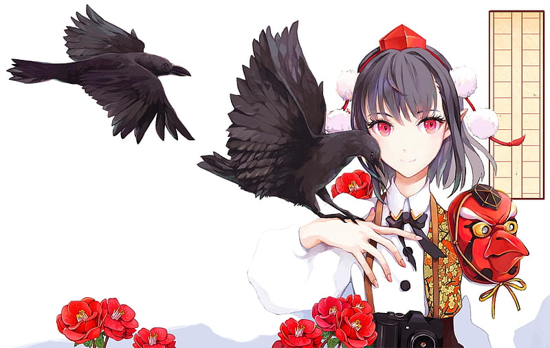 looking at viewer anime anime girls birds raven flower in hair  gloves necklace jewelry earring animals  1842x1302 Wallpaper   wallhavencc
